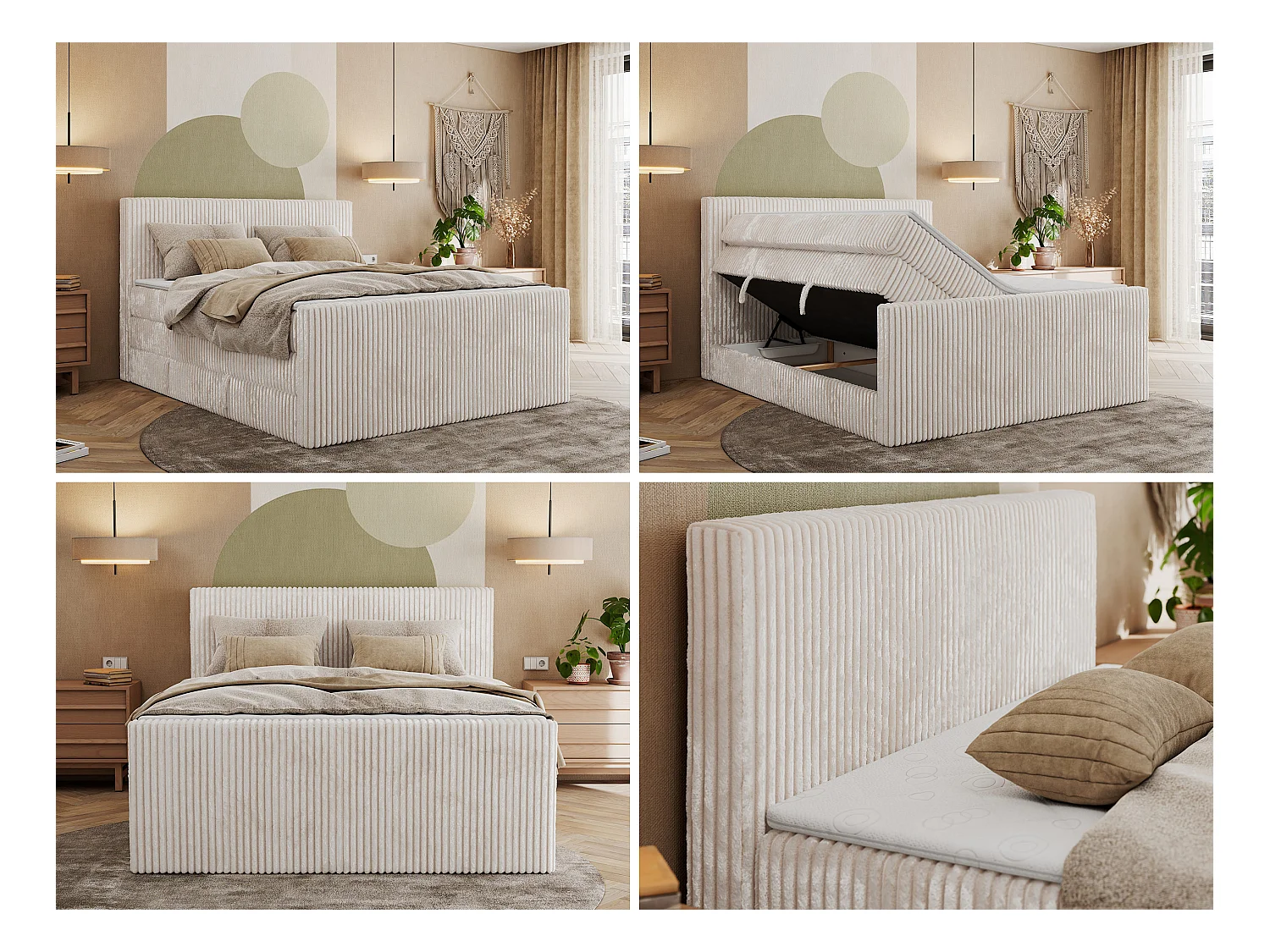 Boxspringbett TILIANO KING DUO, mit zwei Bettkästen, Cord Bett Multipocket-Matratze - 180x200 cm - H3 - Beige Cord