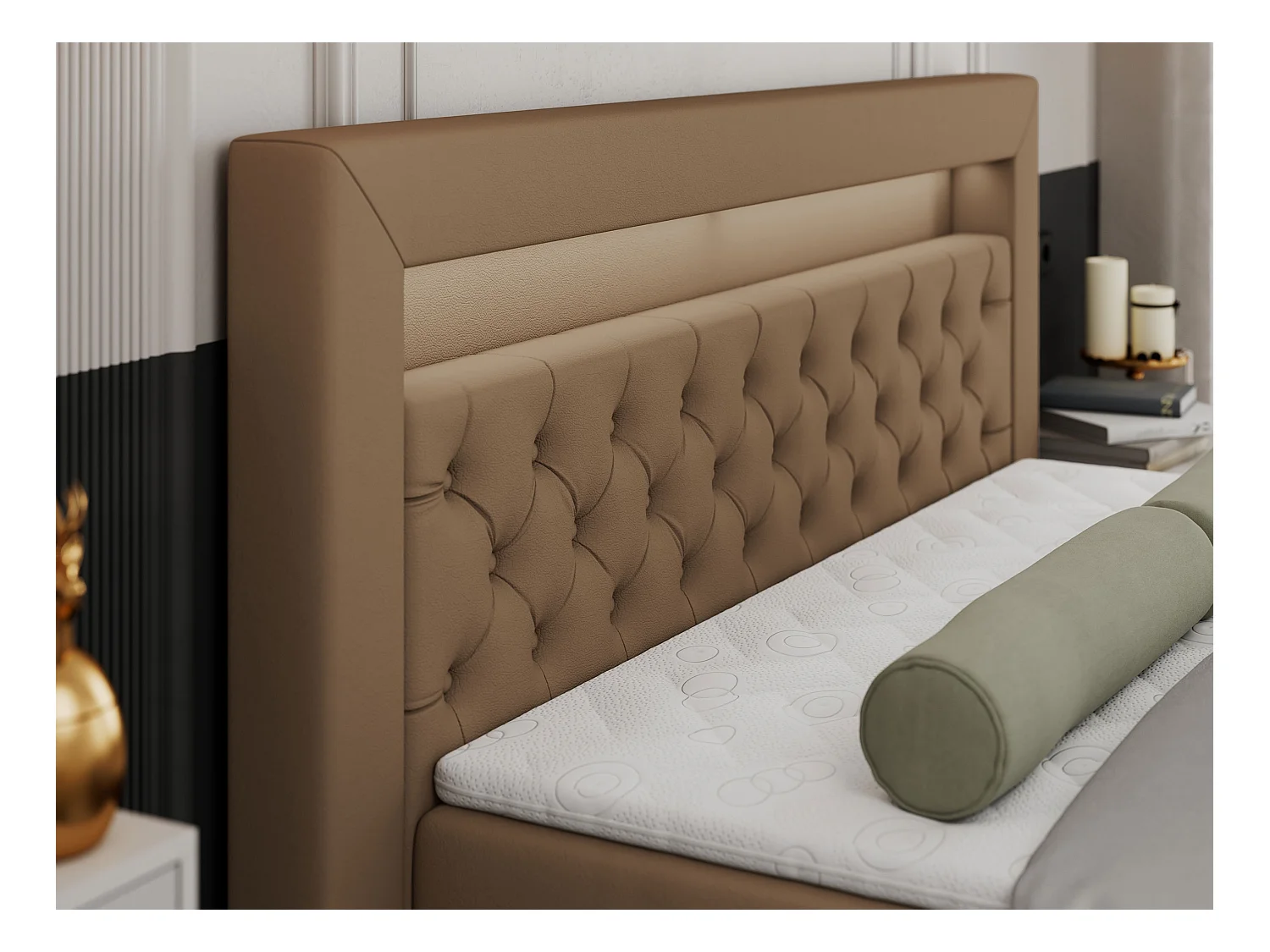 Boxspringbett GOLD 9 mit Stauraum, Multipocket-Matratze, gestepptes Bett, LED Beleuchtung - 160x200 cm - H4 - Braun Kunstleder