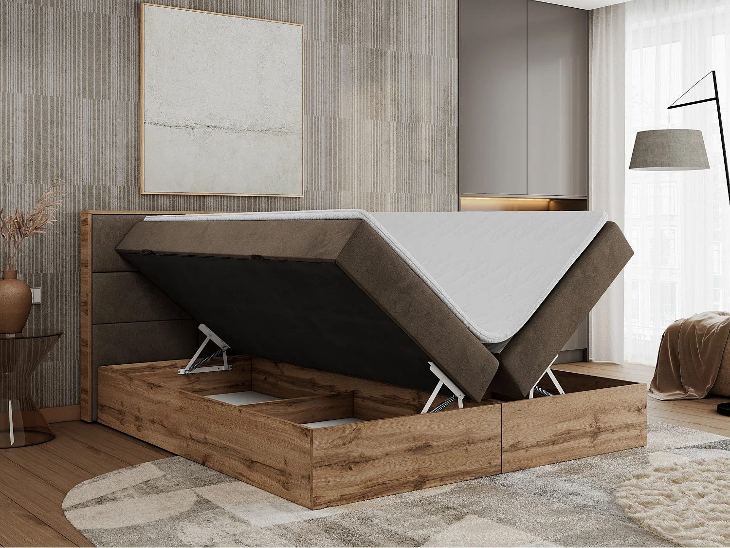 Boxspringbett ALBERO 2 mit Topper und Multipocket-Matratze, Stauraum, Holzrahmen - 160x200 cm - H4 - Braun Velvet
