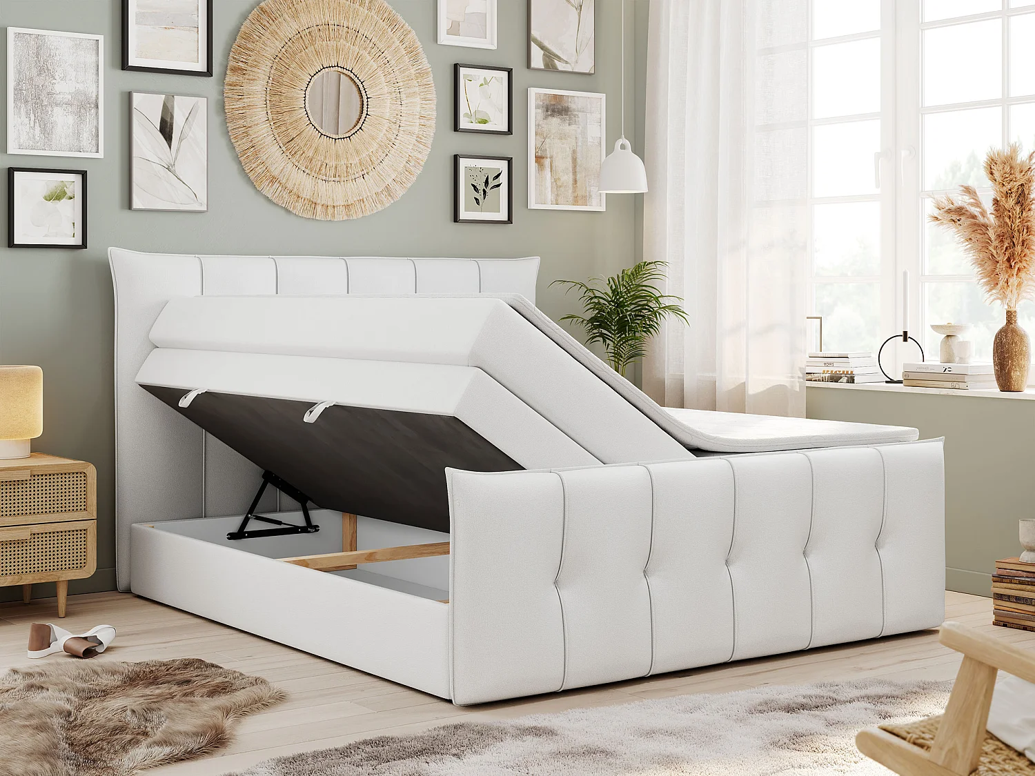 Boxspringbett PREMIUM 11 KING mit Stauraum, gestepptes Kopfteil, zwei Multipocket-Matratzen - 140x200 cm - H4 - Weiß Kunstleder