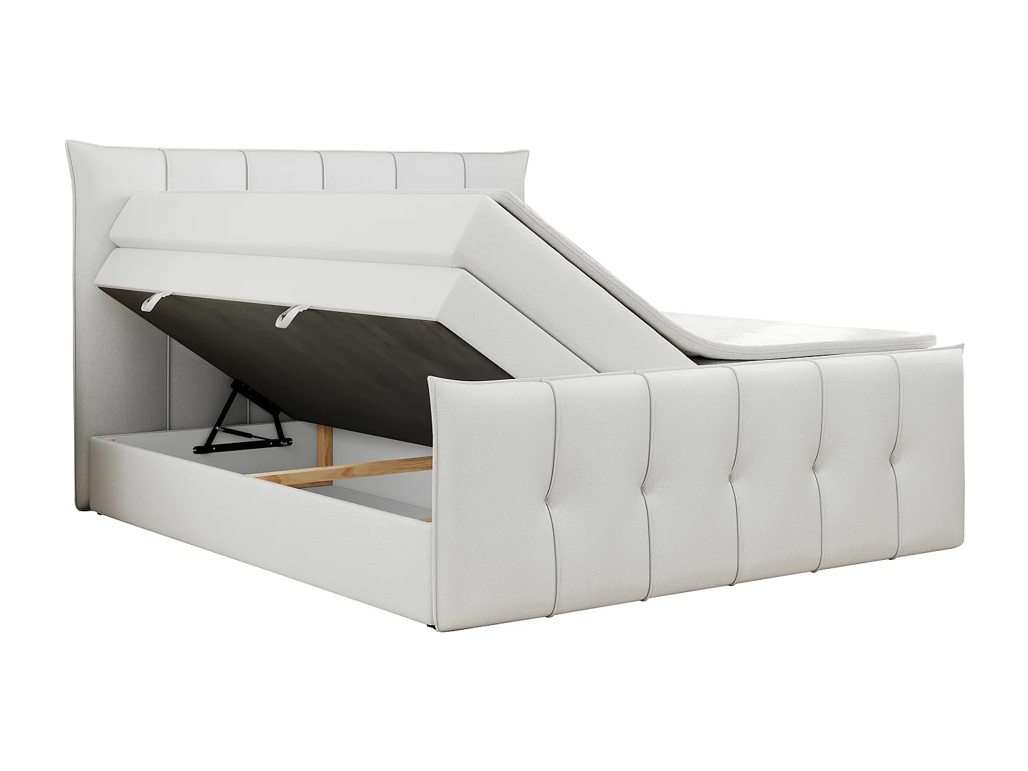 Boxspringbett PREMIUM 11 KING mit Stauraum, gestepptes Kopfteil, zwei Multipocket-Matratzen - 140x200 cm - H4 - Weiß Kunstleder