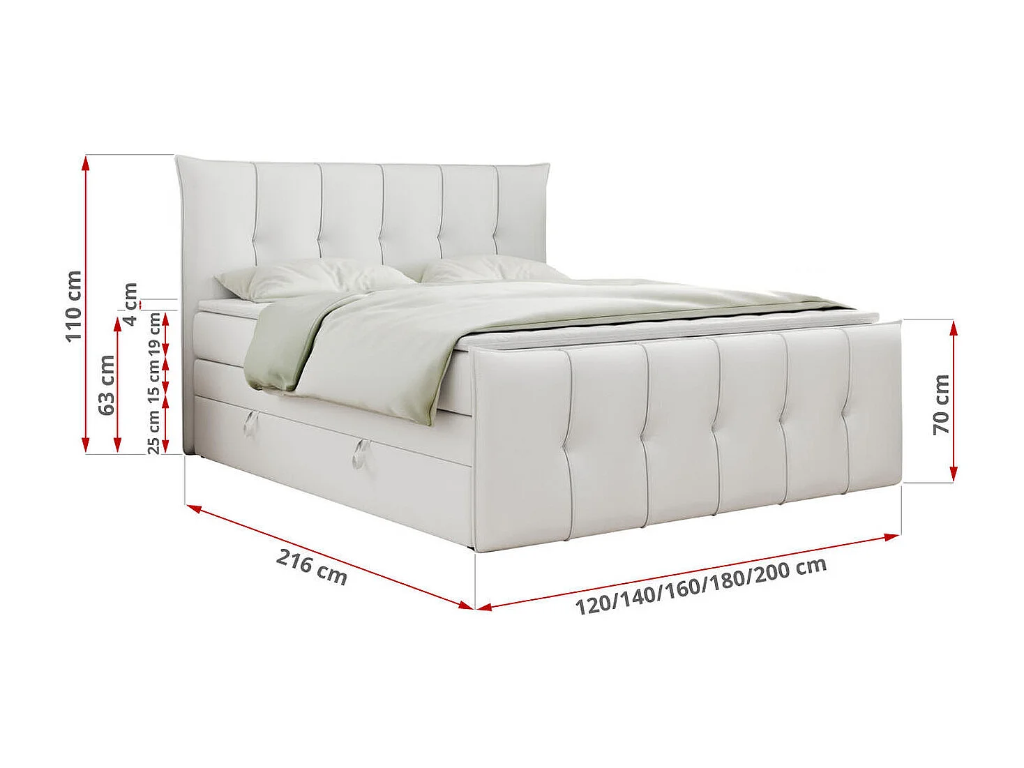 Boxspringbett PREMIUM 11 KING mit Stauraum, gestepptes Kopfteil, zwei Multipocket-Matratzen - 140x200 cm - H4 - Weiß Kunstleder