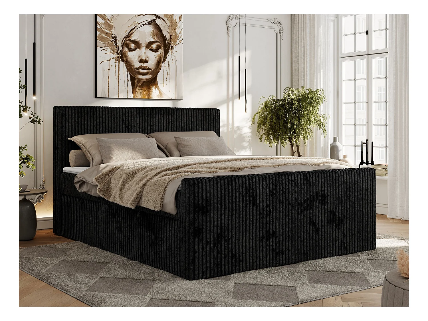 Boxspringbett TILIANO DUO mit gepolstertem Fußteil, Cord Bett, Multipocket-Matratze - 140x200 cm - H4 - Schwarz Cord