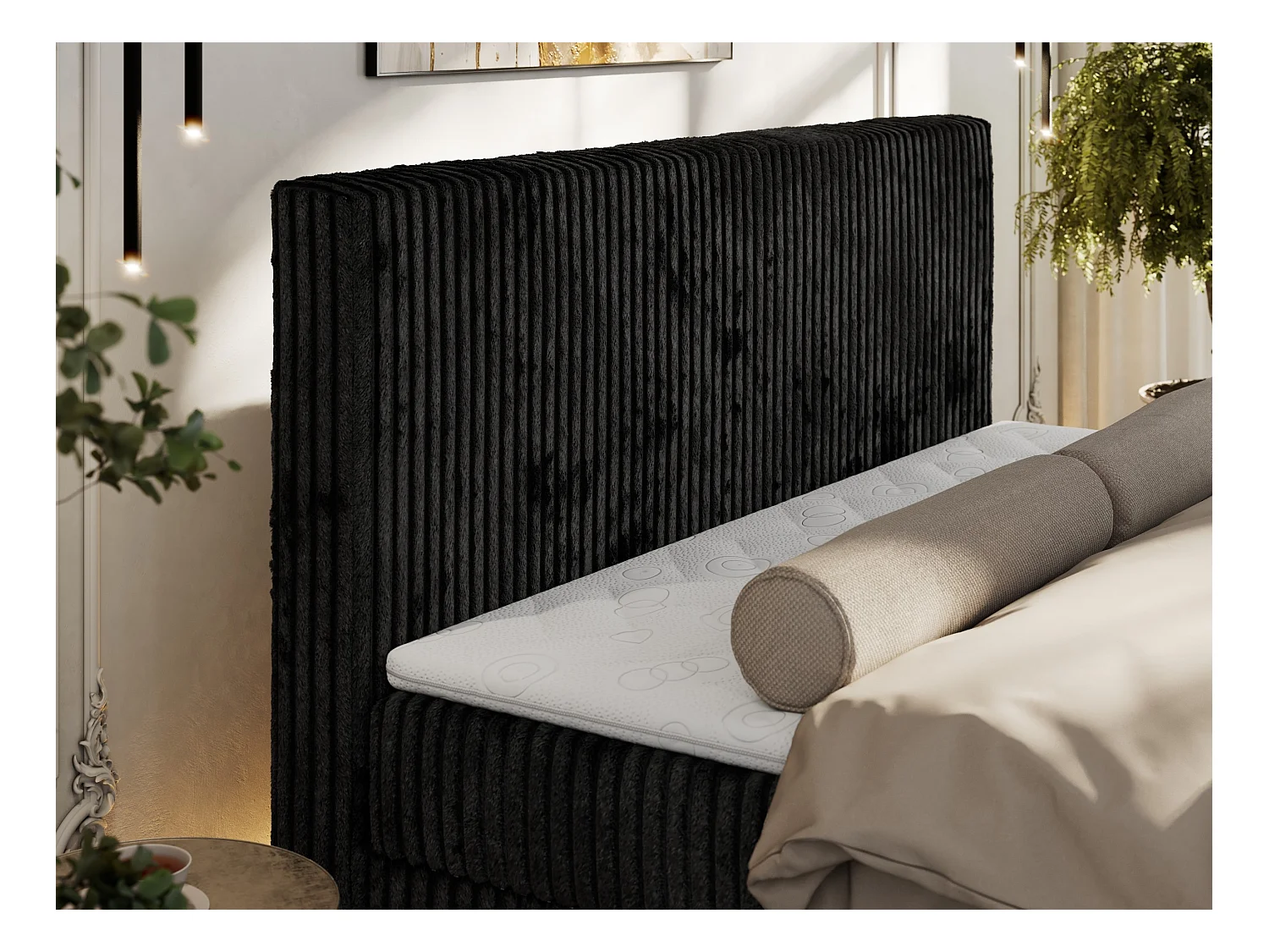 Boxspringbett TILIANO DUO mit gepolstertem Fußteil, Cord Bett, Multipocket-Matratze - 140x200 cm - H4 - Schwarz Cord