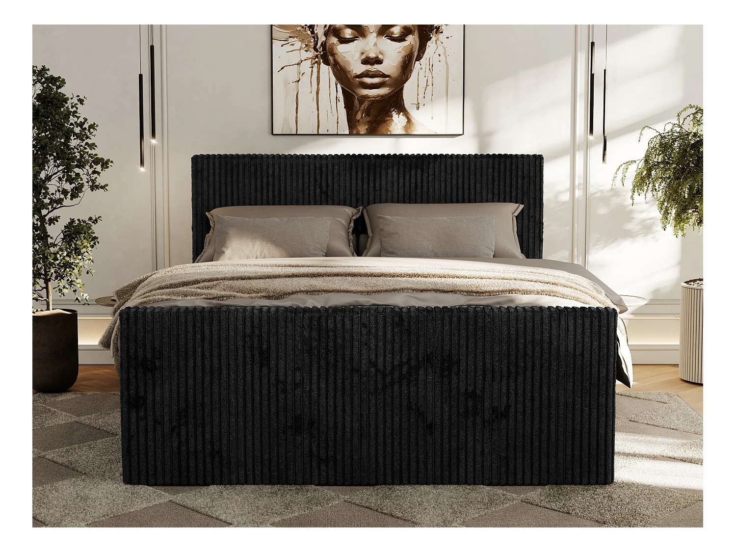 Boxspringbett TILIANO DUO mit gepolstertem Fußteil, Cord Bett, Multipocket-Matratze - 140x200 cm - H4 - Schwarz Cord