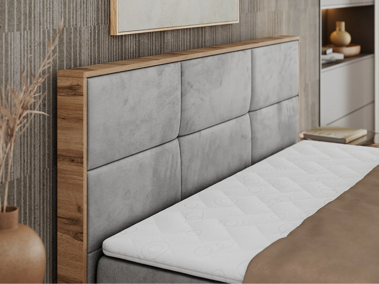 Boxspringbett ALBERO 2 mit Topper und Multipocket-Matratze, Stauraum, Holzrahmen - 140x200 cm - H4 - Hellgrau Velvet