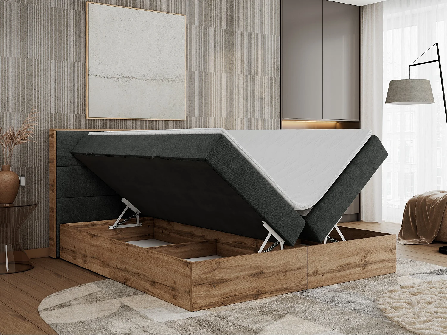 Boxspringbett ALBERO 2 mit Topper und Multipocket-Matratze, Stauraum, Holzrahmen - 120x200 cm - H3 - Dunkelgrau Strukture