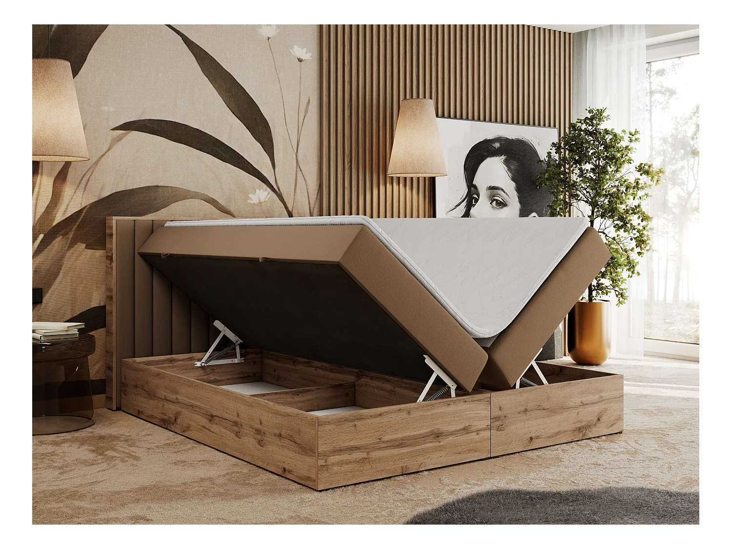 Boxspringbett ALBERO 4, Eiche Wotan Holzrahmen, mit Stauraum, genähtes Kopfteil - 120x200 cm - H4 - Braun Kunstleder