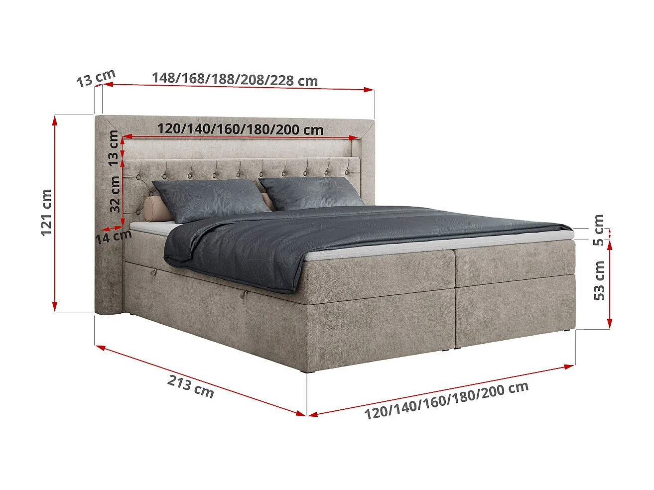 Boxspringbett GOLD 6, Doppelbett mit Stauraum, LED-Beleuchtung, gesteppte Kopfstütze - 200x200 cm - H4 - Beige Strukture