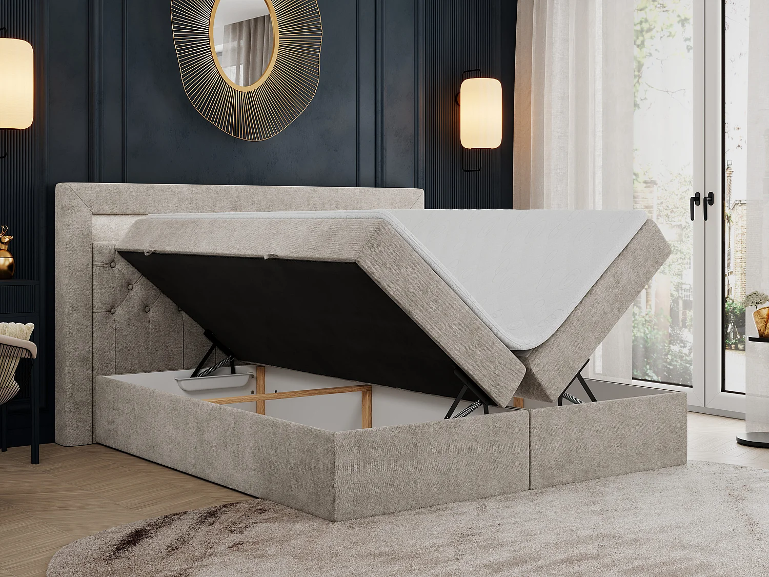 Boxspringbett GOLD 6, Doppelbett mit Stauraum, LED-Beleuchtung, gesteppte Kopfstütze - 200x200 cm - H4 - Beige Strukture