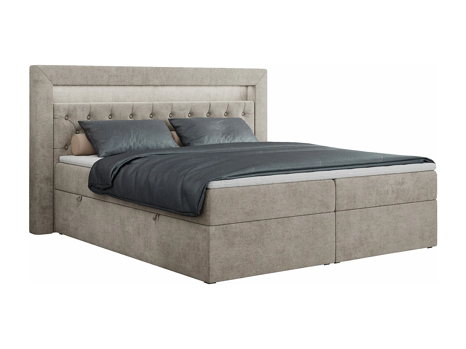 Boxspringbett GOLD 6, Doppelbett mit Stauraum, LED-Beleuchtung, gesteppte Kopfstütze - 200x200 cm - H4 - Beige Strukture