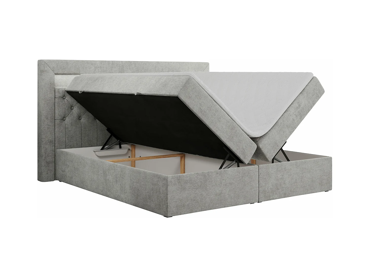 Boxspringbett GOLD 6, Doppelbett mit Stauraum, LED-Beleuchtung, gesteppte Kopfstütze - 200x200 cm - H3 - Hellgrau Strukture