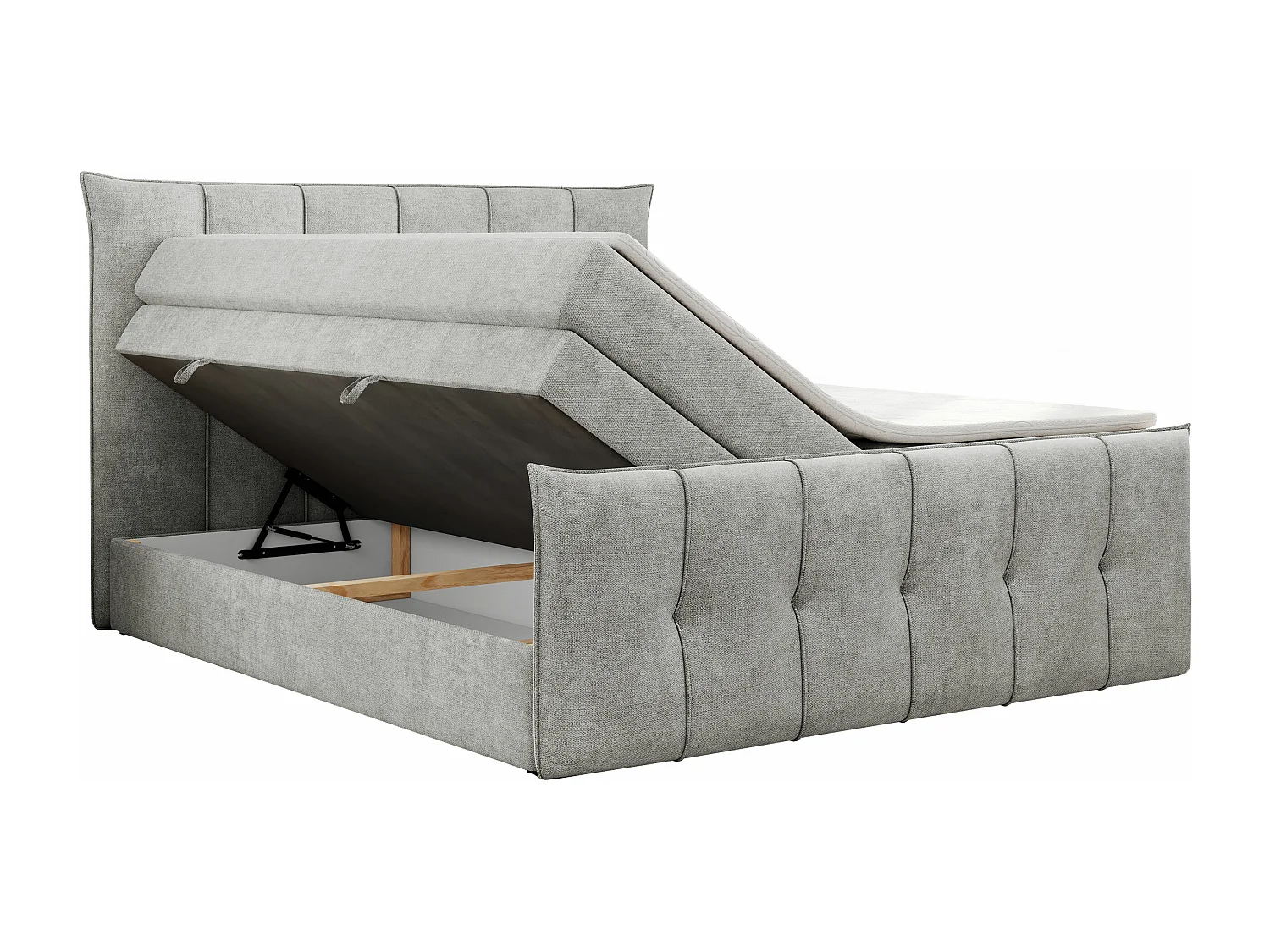Boxspringbett PREMIUM 11 KING mit Stauraum, gestepptes Kopfteil, zwei Multipocket-Matratzen - 200x200 cm - H3 - Hellgrau Strukture