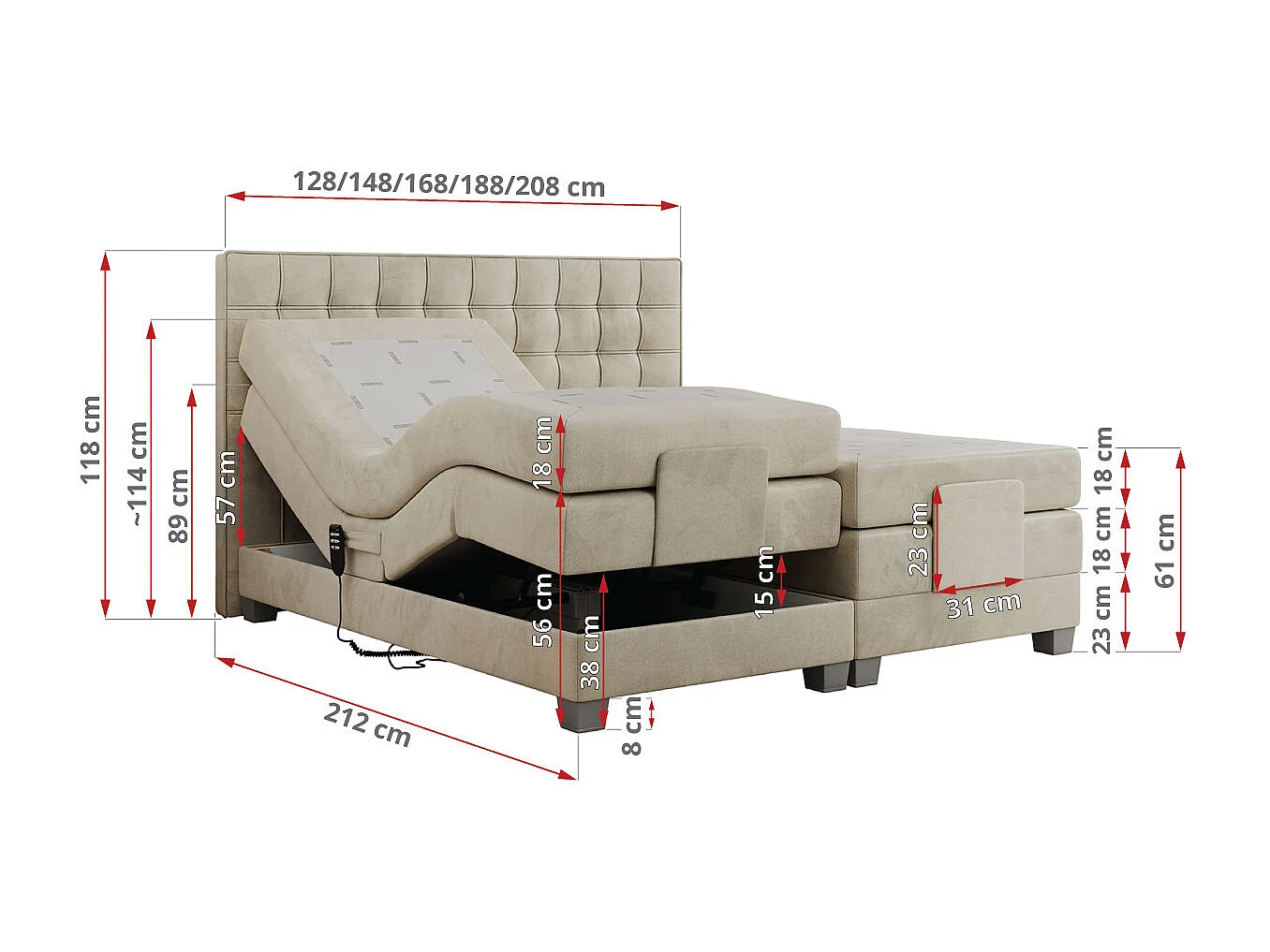 Boxspringbett ELEKTRO mit Multipocket-Matratze, Elektrisch verstellbare, genähtes Kopfteil - 180x200 cm - H4 - Beige Velvet