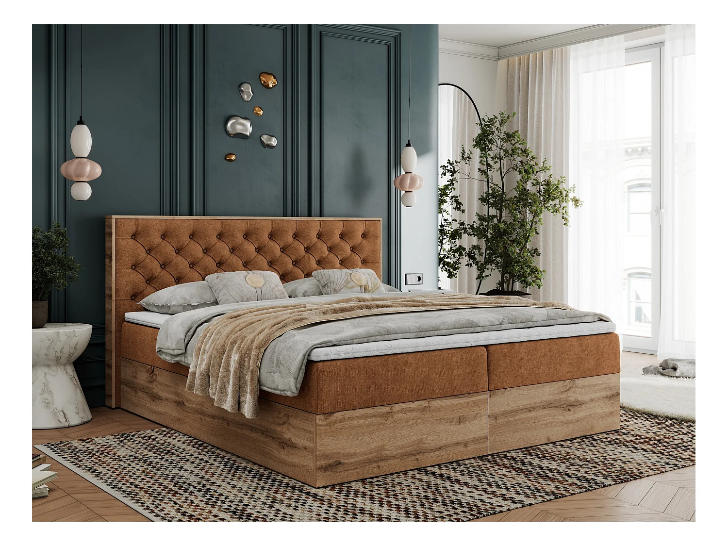 Boxspringbett ALBERO 3 - gesteppte Kopfstütze, Eiche Wotan Holzrahmen, Stauraum - 140x200 cm - H4 - Orange Strukture