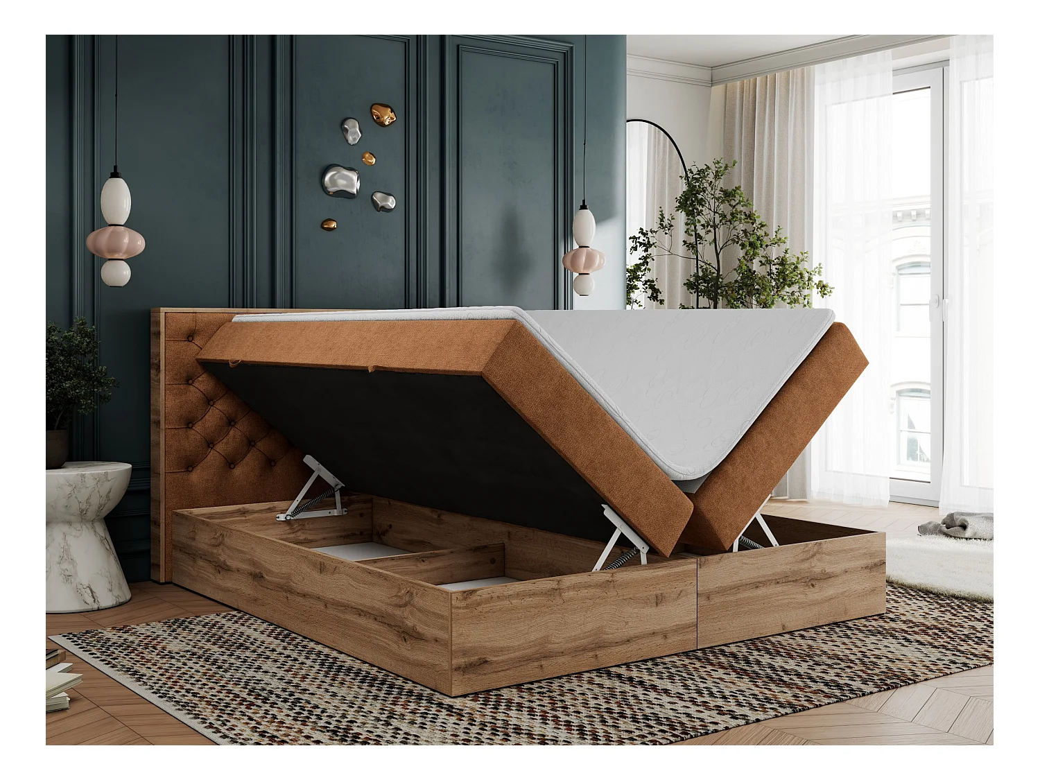 Boxspringbett ALBERO 3 - gesteppte Kopfstütze, Eiche Wotan Holzrahmen, Stauraum - 140x200 cm - H4 - Orange Strukture