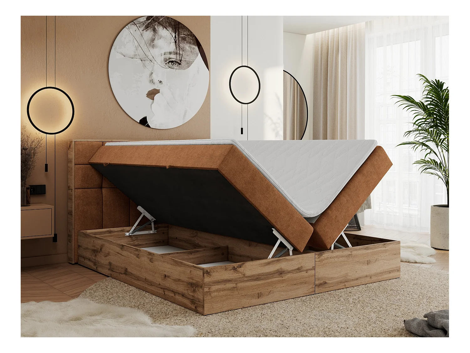 Boxspringbett ALBERO 1, Polsterbett mit gestepptem Kopfteil, Multipocket-Matratze - 180x200 cm - H4 - Orange Strukture