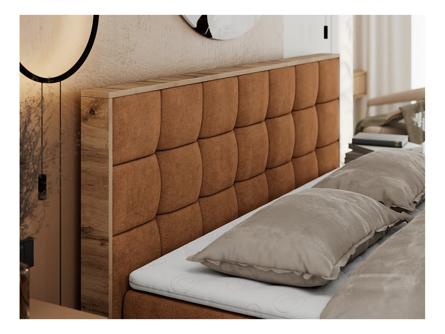 Boxspringbett ALBERO 1, Polsterbett mit gestepptem Kopfteil, Multipocket-Matratze - 180x200 cm - H4 - Orange Strukture