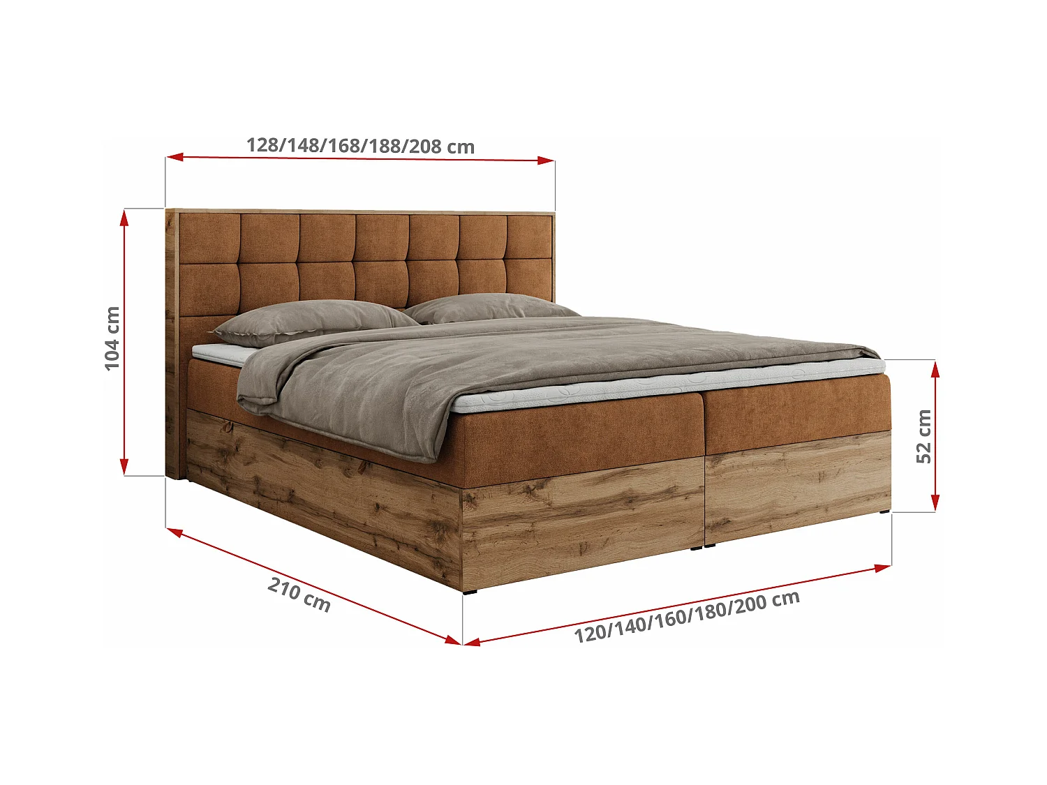 Boxspringbett ALBERO 1, Polsterbett mit gestepptem Kopfteil, Multipocket-Matratze - 180x200 cm - H4 - Orange Strukture