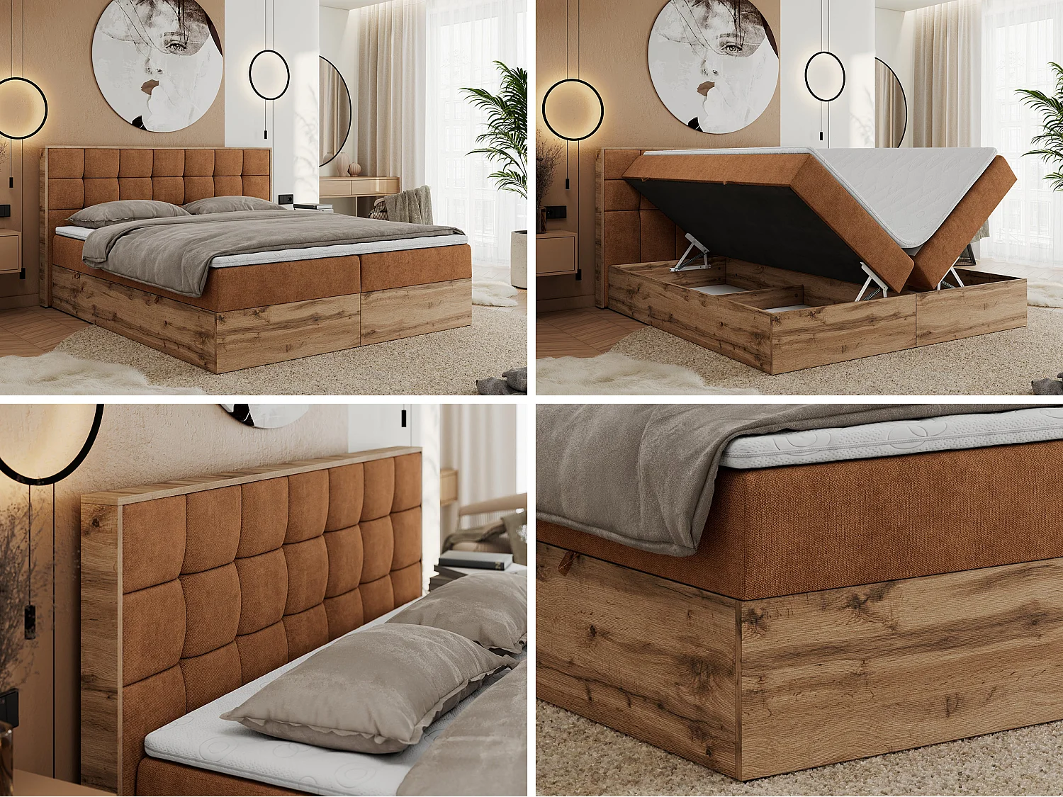 Boxspringbett ALBERO 1, Polsterbett mit gestepptem Kopfteil, Multipocket-Matratze - 180x200 cm - H4 - Orange Strukture