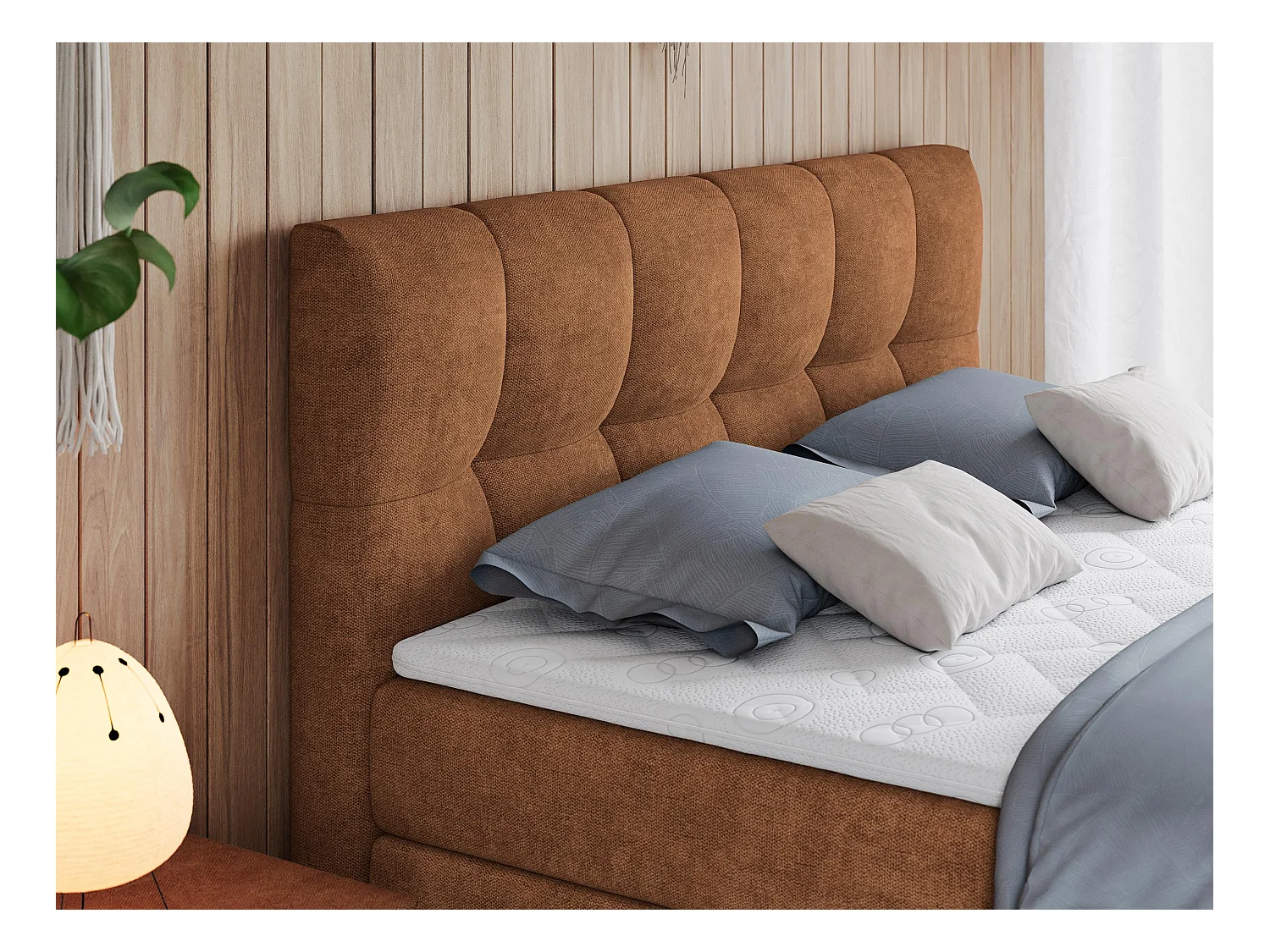 Boxspringbett ALVIN KING, mit zwei Multipocket-Matratzen, Bettkästen, genähtes Kopfteil - 140x200 cm - H4 - Orange Strukture