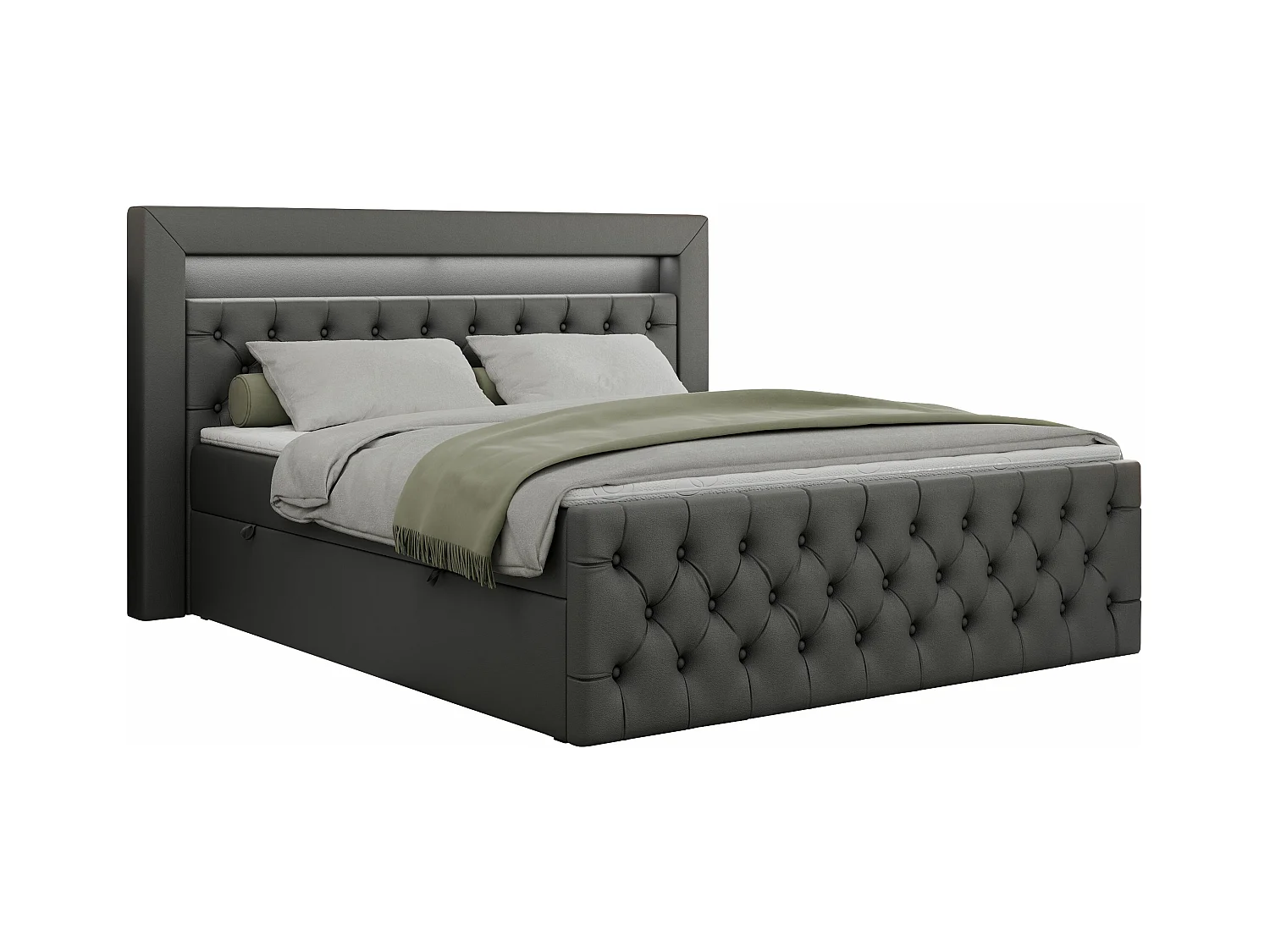 Boxspringbett GOLD 9 mit Stauraum, Multipocket-Matratze, gestepptes Bett, LED Beleuchtung - 120x200 cm - H4 - Dunkelgrau Kunstleder