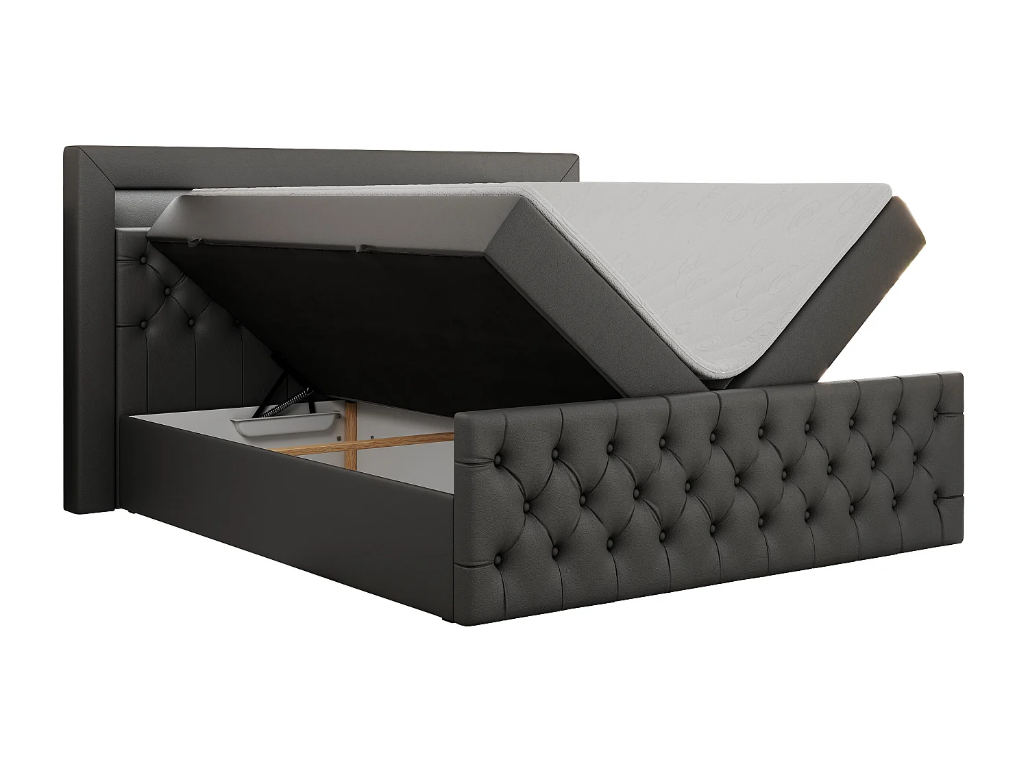 Boxspringbett GOLD 9 mit Stauraum, Multipocket-Matratze, gestepptes Bett, LED Beleuchtung - 120x200 cm - H4 - Dunkelgrau Kunstleder