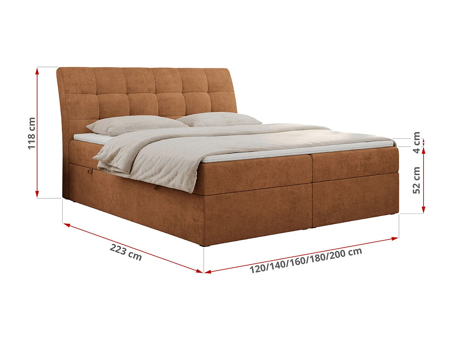 Boxspringbett DIEGOS mit Stauraum, gestepptem Kopfteil, Multipocket-Matratze - 200x200 cm - H3 - Orange Strukture