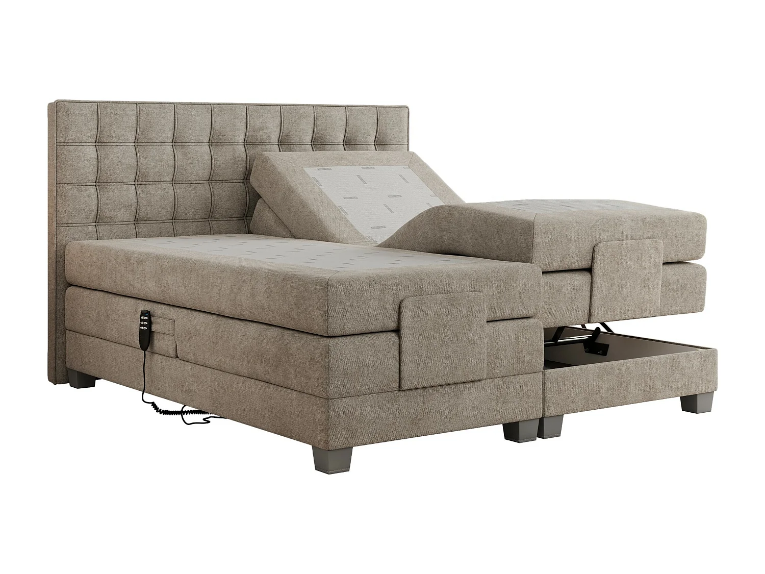 Boxspringbett ELEKTRO mit Multipocket-Matratze, Elektrisch verstellbare, genähtes Kopfteil - 180x200 cm - H4 - Beige Strukture
