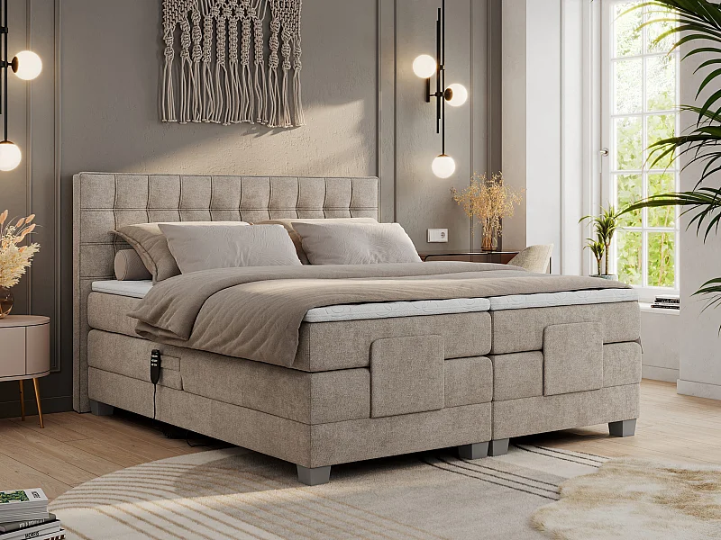 Boxspringbett ELEKTRO mit Multipocket-Matratze, Elektrisch verstellbare, genähtes Kopfteil - 180x200 cm - H4 - Beige Strukture