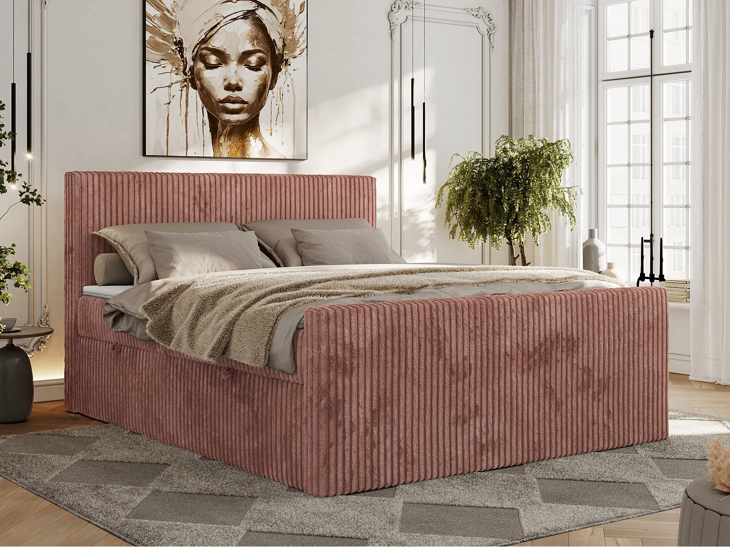 Boxspringbett TILIANO DUO mit gepolstertem Fußteil, Cord Bett, Multipocket-Matratze - 140x200 cm - H4 - Rosa Cord