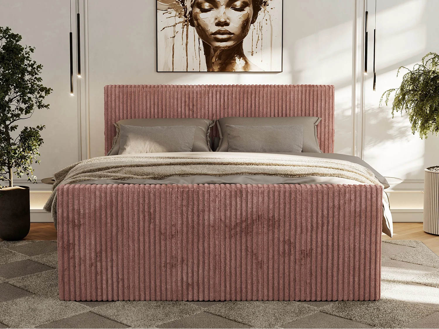 Boxspringbett TILIANO DUO mit gepolstertem Fußteil, Cord Bett, Multipocket-Matratze - 140x200 cm - H4 - Rosa Cord