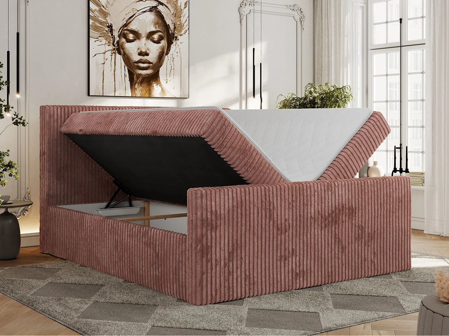 Boxspringbett TILIANO DUO mit gepolstertem Fußteil, Cord Bett, Multipocket-Matratze - 140x200 cm - H4 - Rosa Cord