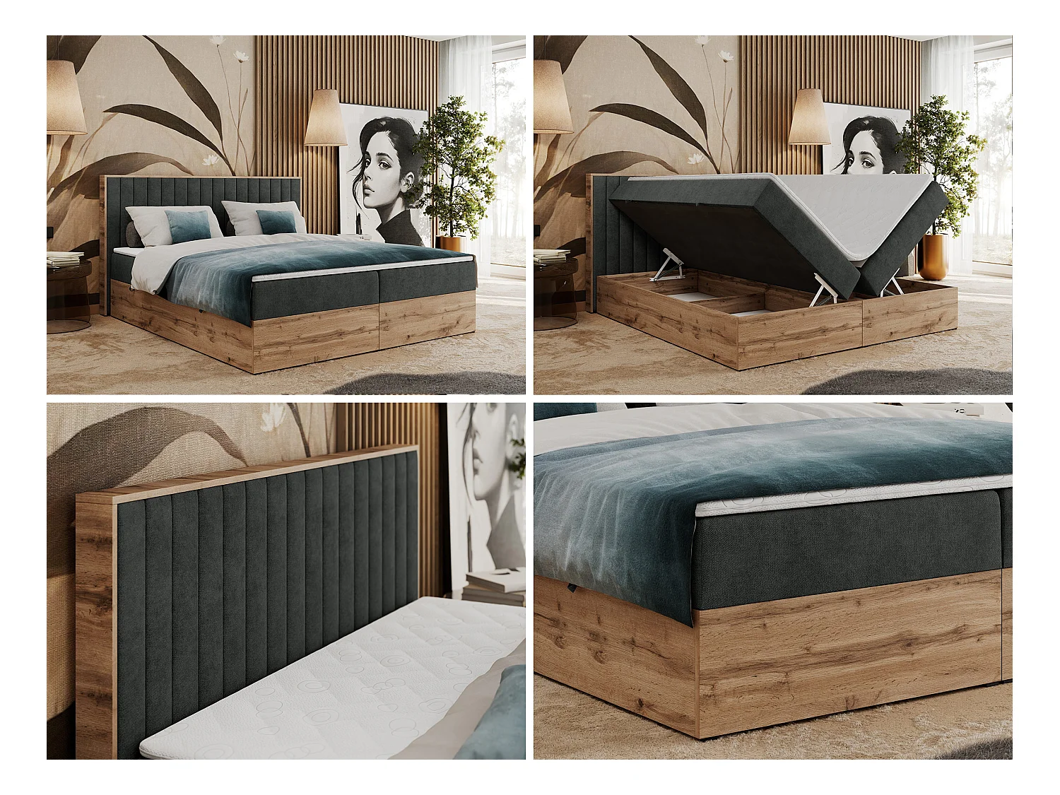 Boxspringbett ALBERO 4, Eiche Wotan Holzrahmen, mit Stauraum, genähtes Kopfteil - 180x200 cm - H4 - Dunkelgrau Strukture