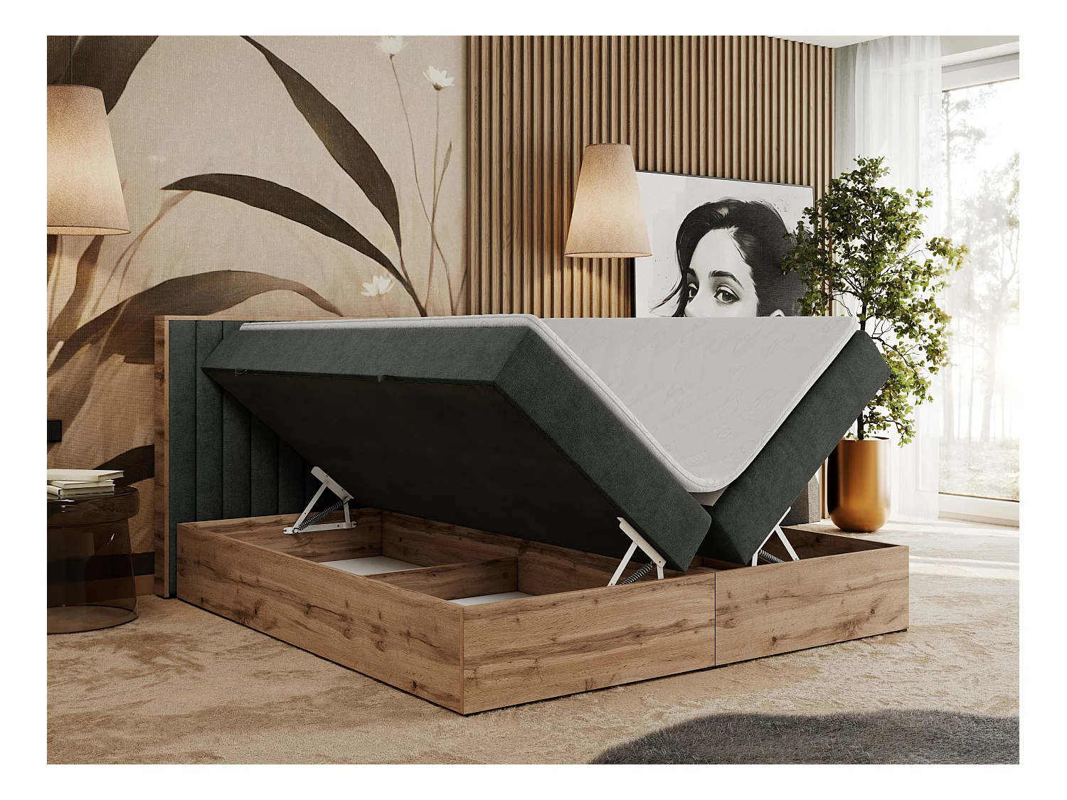 Boxspringbett ALBERO 4, Eiche Wotan Holzrahmen, mit Stauraum, genähtes Kopfteil - 180x200 cm - H4 - Dunkelgrau Strukture