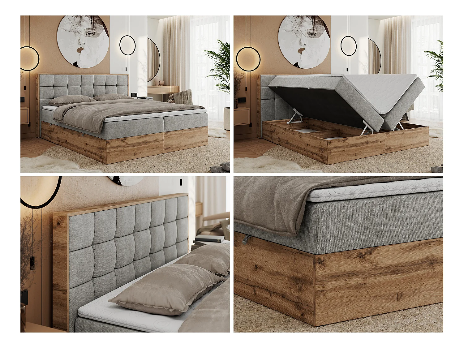 Boxspringbett ALBERO 1, Polsterbett mit gestepptem Kopfteil, Multipocket-Matratze - 160x200 cm - H4 - Hellgrau Strukture