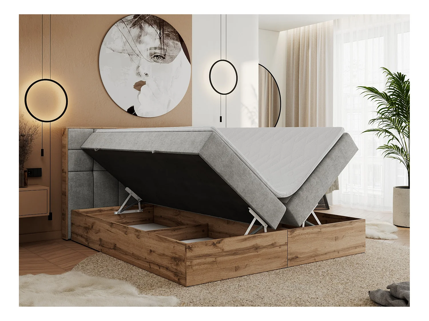 Boxspringbett ALBERO 1, Polsterbett mit gestepptem Kopfteil, Multipocket-Matratze - 160x200 cm - H4 - Hellgrau Strukture