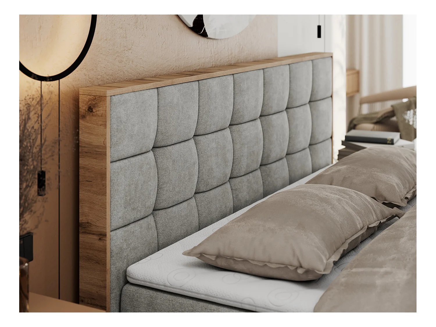 Boxspringbett ALBERO 1, Polsterbett mit gestepptem Kopfteil, Multipocket-Matratze - 160x200 cm - H4 - Hellgrau Strukture