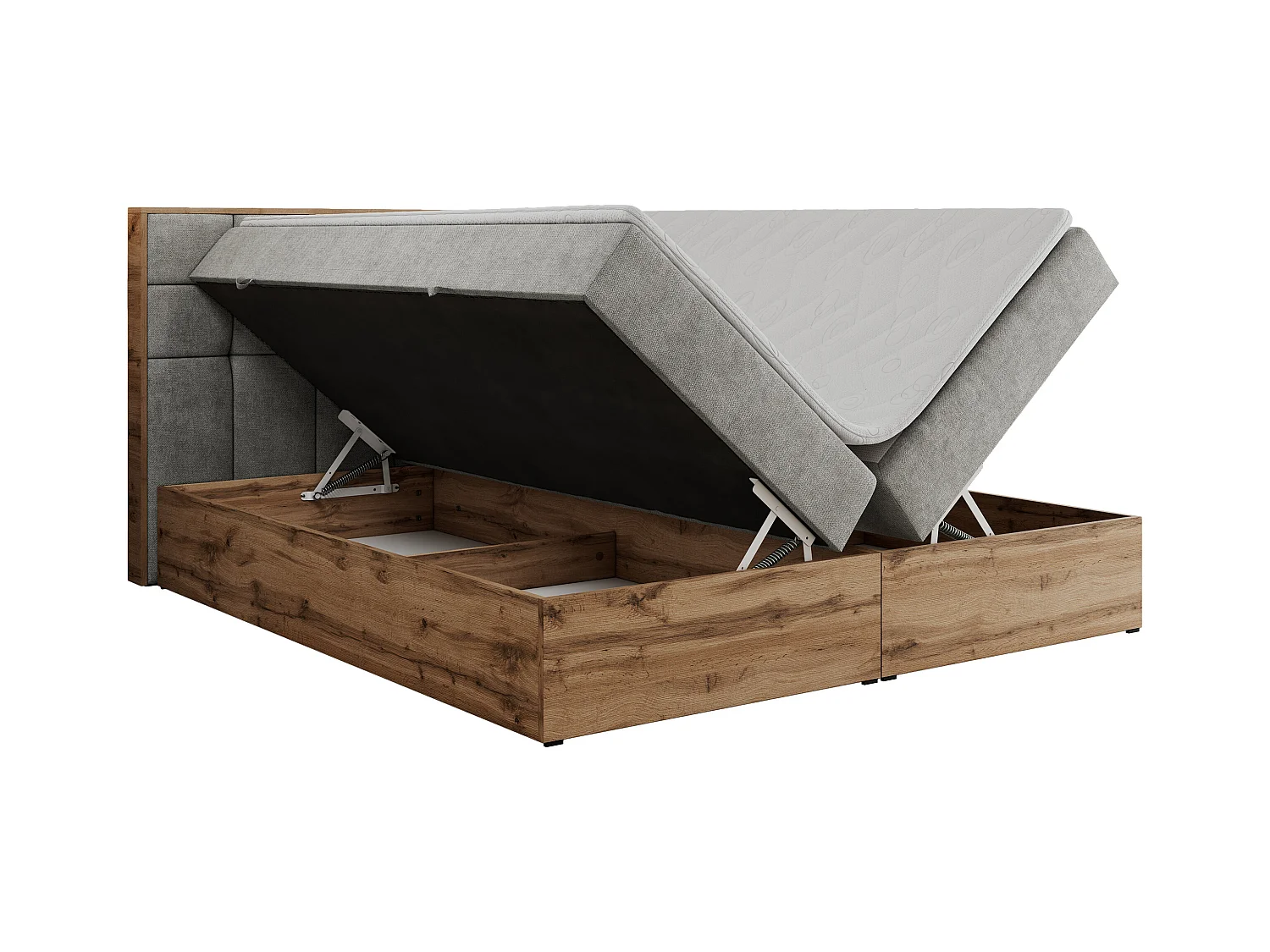 Boxspringbett ALBERO 1, Polsterbett mit gestepptem Kopfteil, Multipocket-Matratze - 160x200 cm - H4 - Hellgrau Strukture