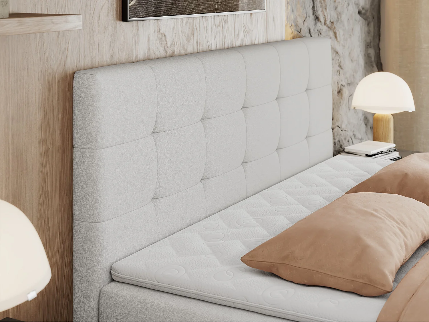 Boxspringbett CENTOS mit gestepptem Kopfteil, Multipocket-Matratze, Doppelbett mit Stauraum - 140x200 cm - H3 - Weiß Kunstleder