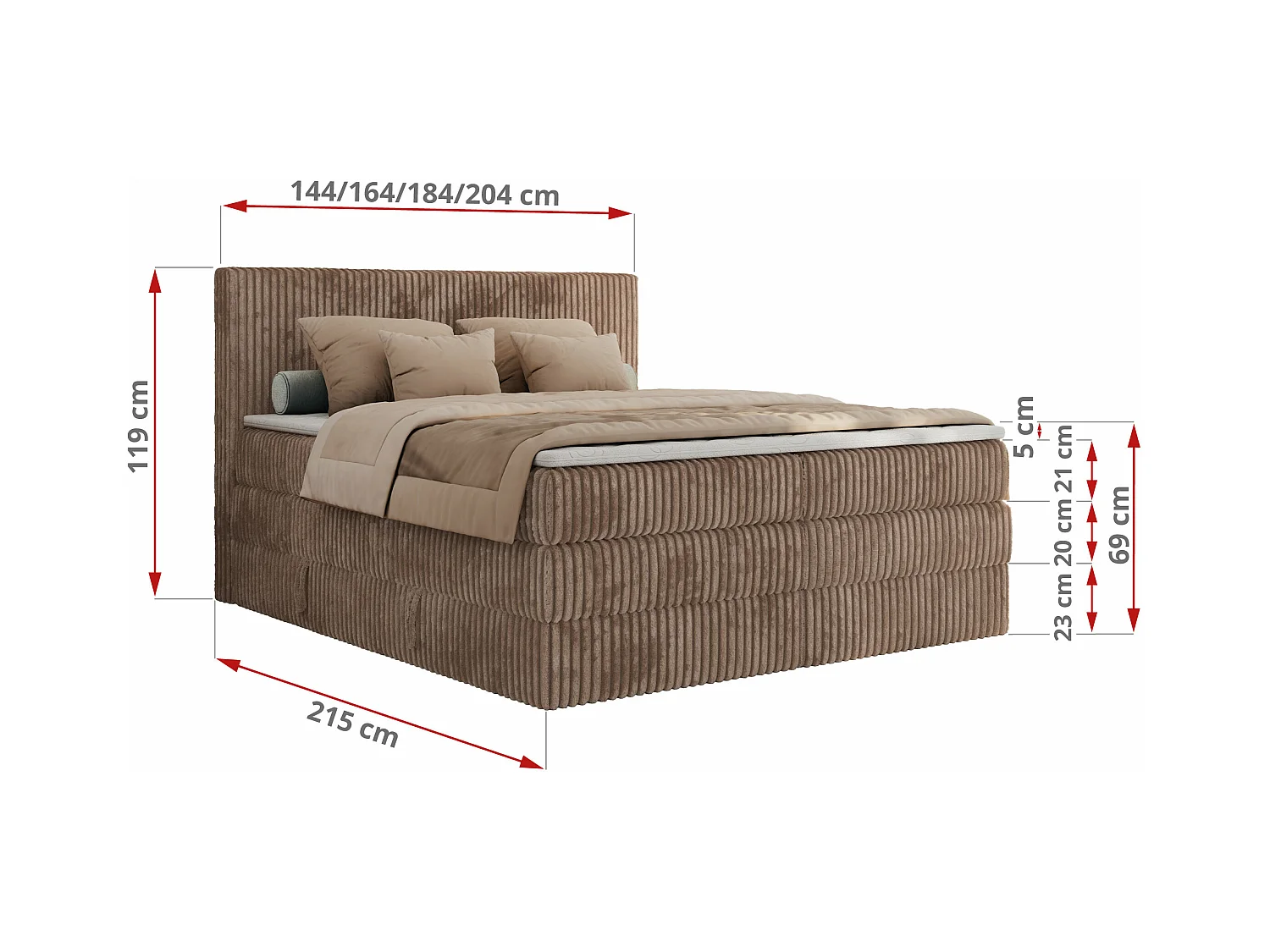 Boxspringbett TILIANO KING, Multipocket-Matratze, Cord Bett, Kopfteil und zwei Bettkästen - 140x200 cm - H3 - Braun Cord
