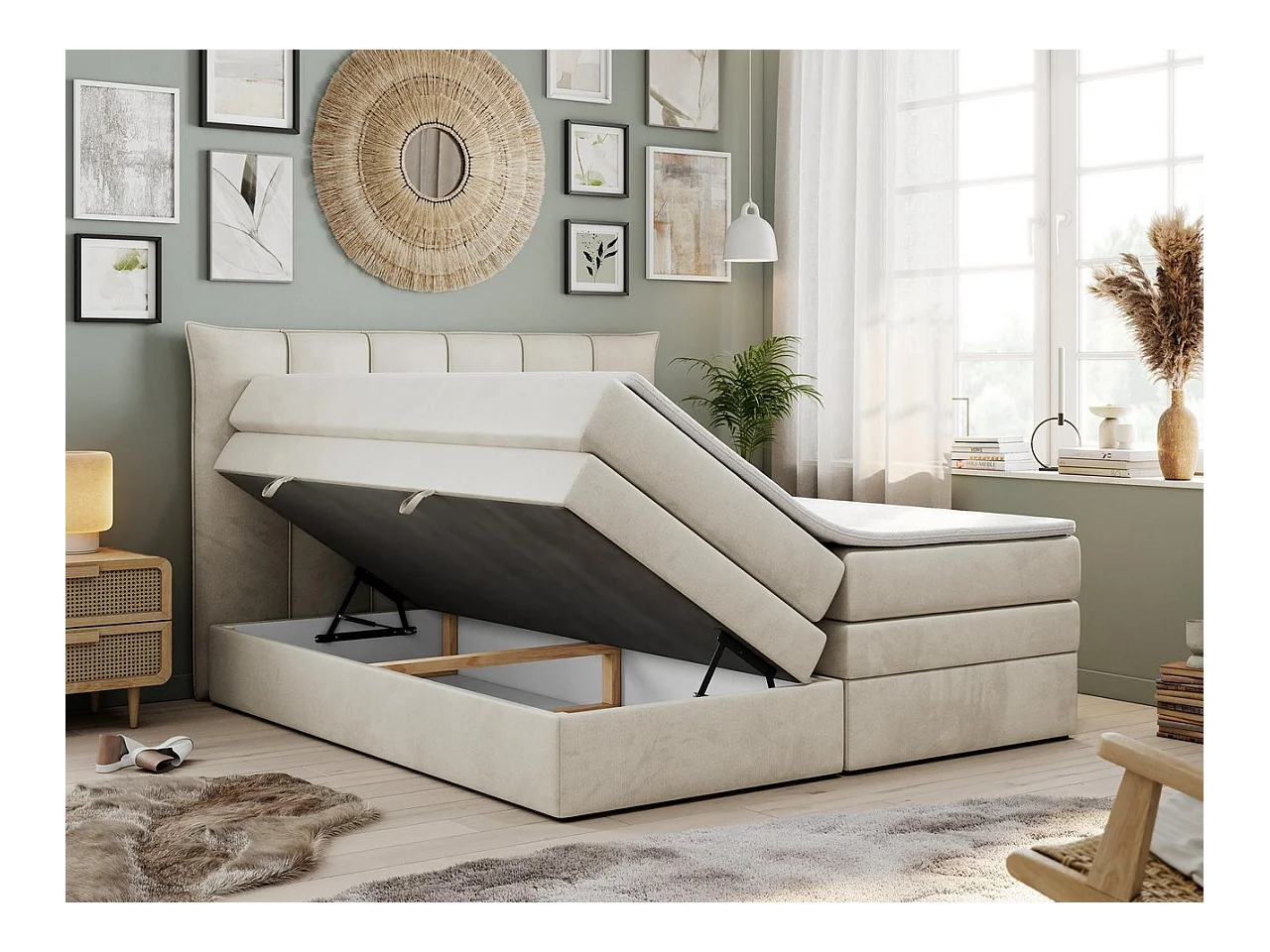 Boxspringbett PREMIUM 10 KING, Doppelbett mit Stauraum, gesteppte Kopfstütze, Multipocket-Matratze - 180x200 cm - H4 - Beige Velvet