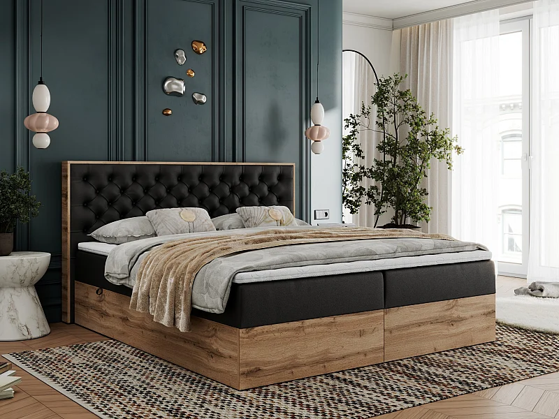 Boxspringbett ALBERO 3 - gesteppte Kopfstütze, Eiche Wotan Holzrahmen, Stauraum - 160x200 cm - H3 - Schwarz Kunstleder
