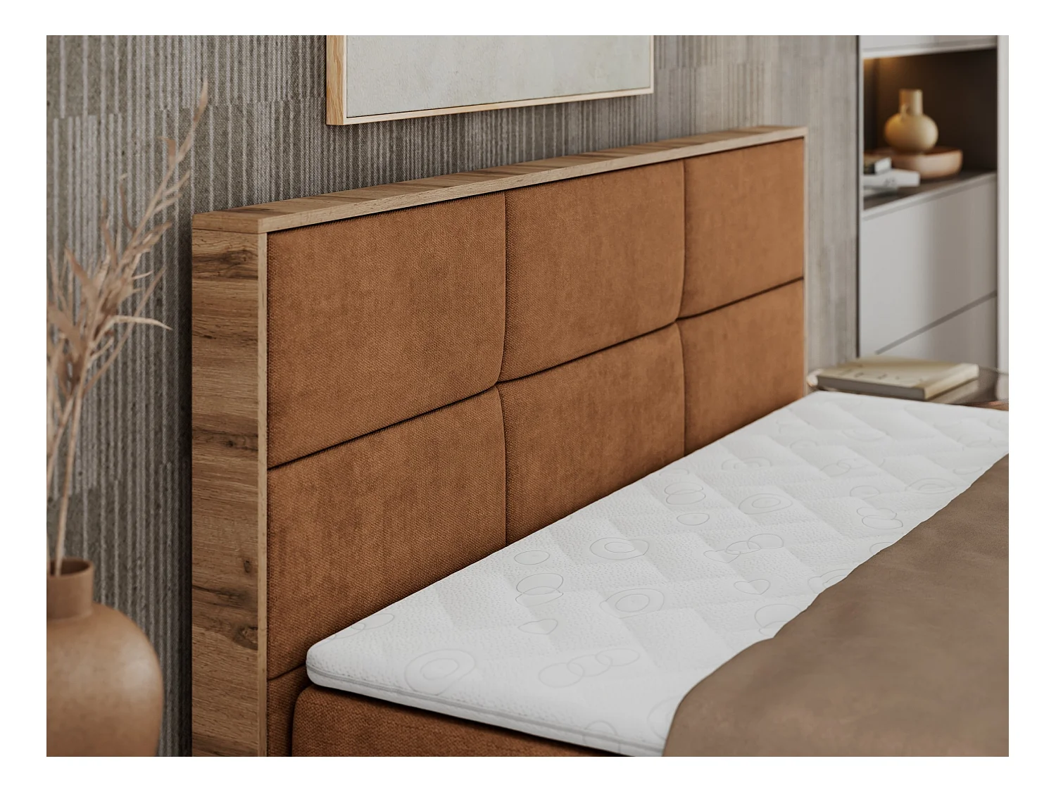 Boxspringbett ALBERO 2 mit Topper und Multipocket-Matratze, Stauraum, Holzrahmen - 160x200 cm - H4 - Orange Strukture