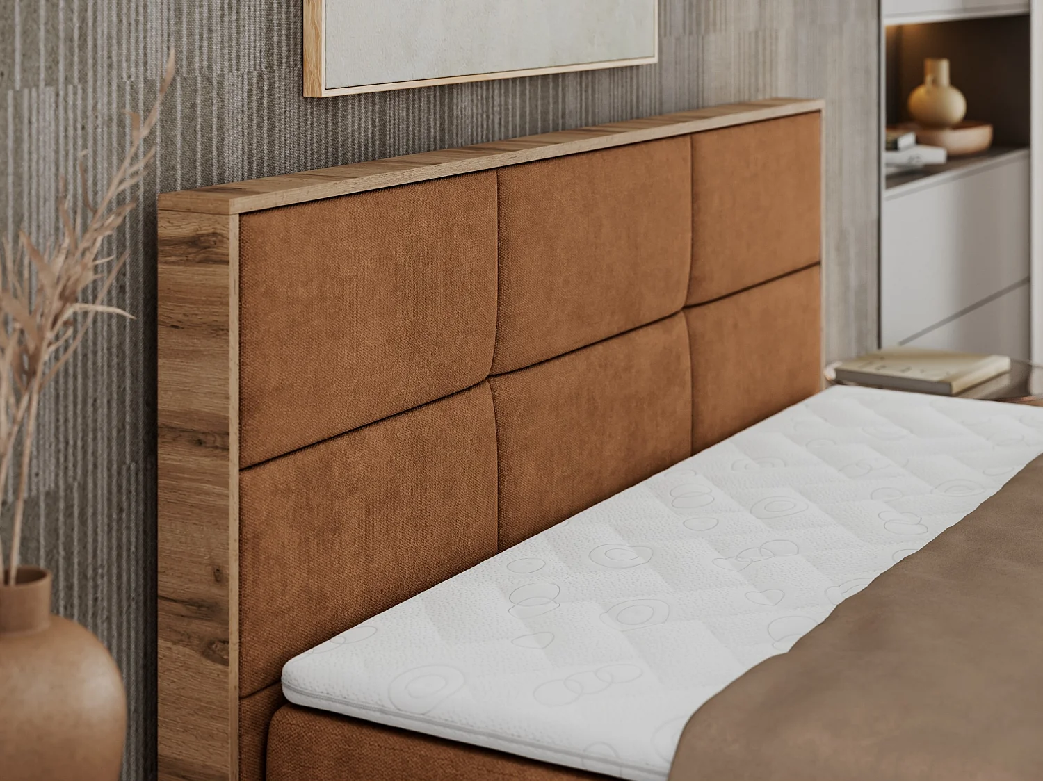 Boxspringbett ALBERO 2 mit Topper und Multipocket-Matratze, Stauraum, Holzrahmen - 160x200 cm - H4 - Orange Strukture