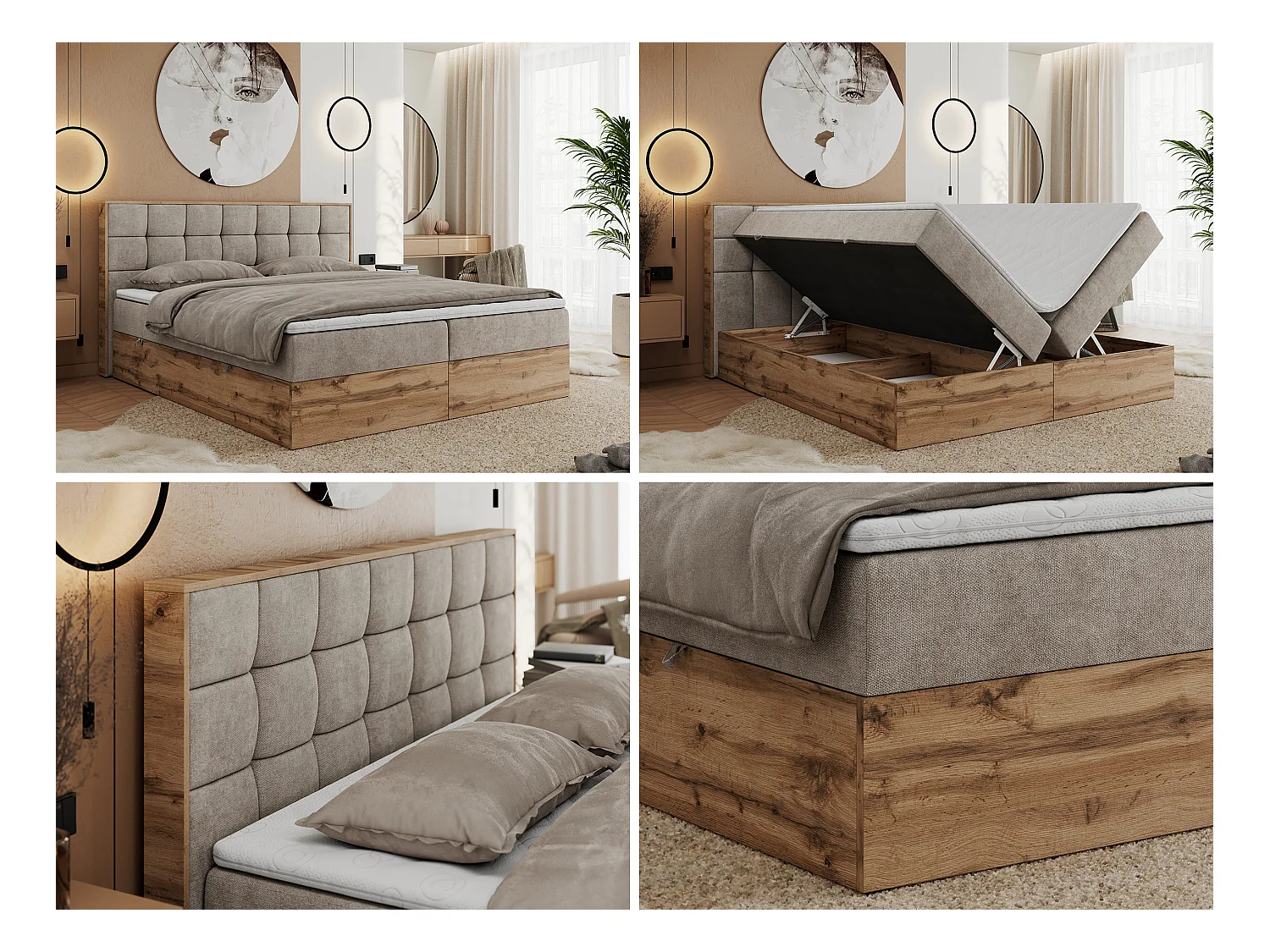 Boxspringbett ALBERO 1, Polsterbett mit gestepptem Kopfteil, Multipocket-Matratze - 160x200 cm - H4 - Beige Strukture