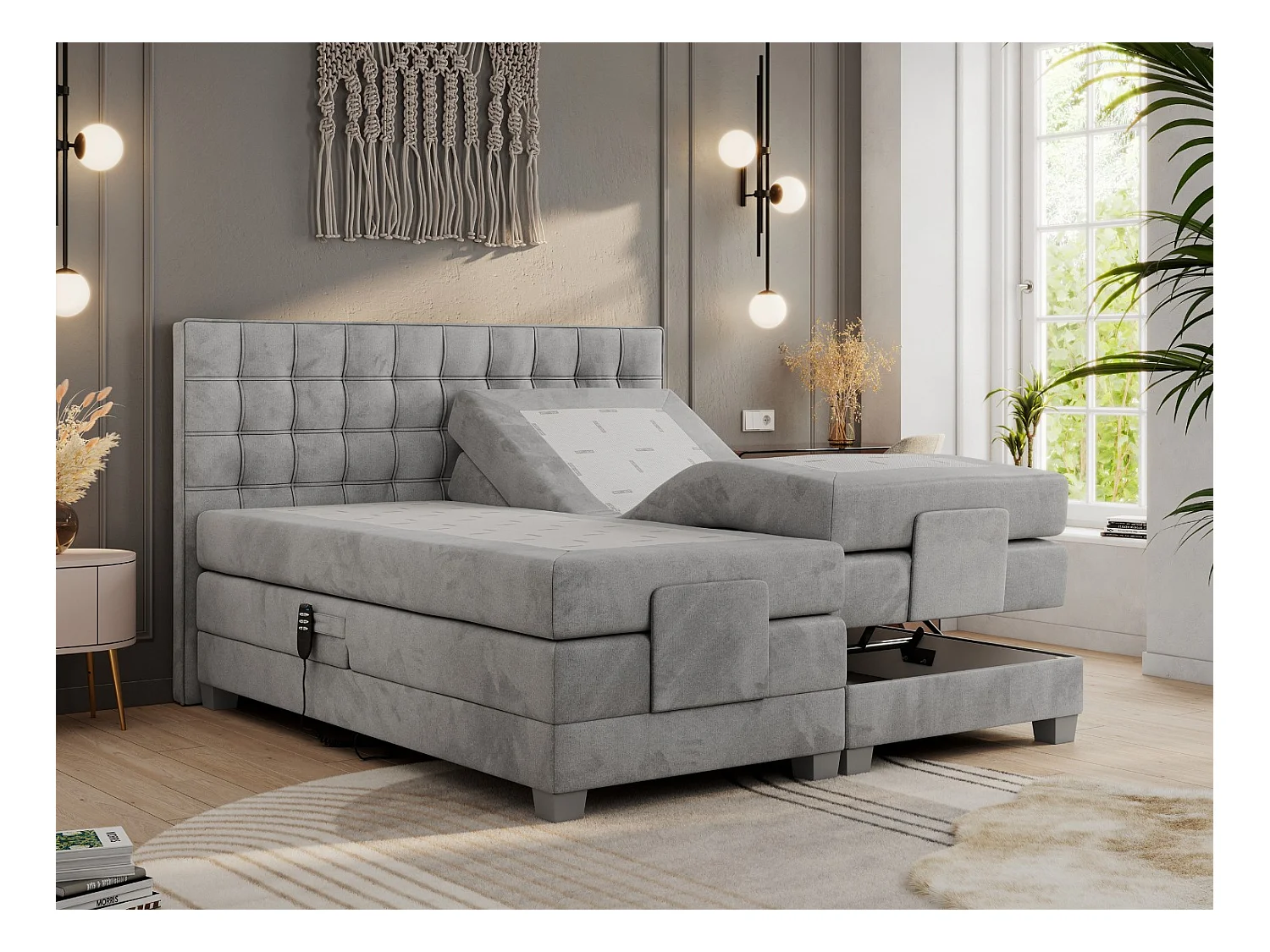 Boxspringbett ELEKTRO mit Multipocket-Matratze, Elektrisch verstellbare, genähtes Kopfteil - 180x200 cm - H3 - Hellgrau Velvet