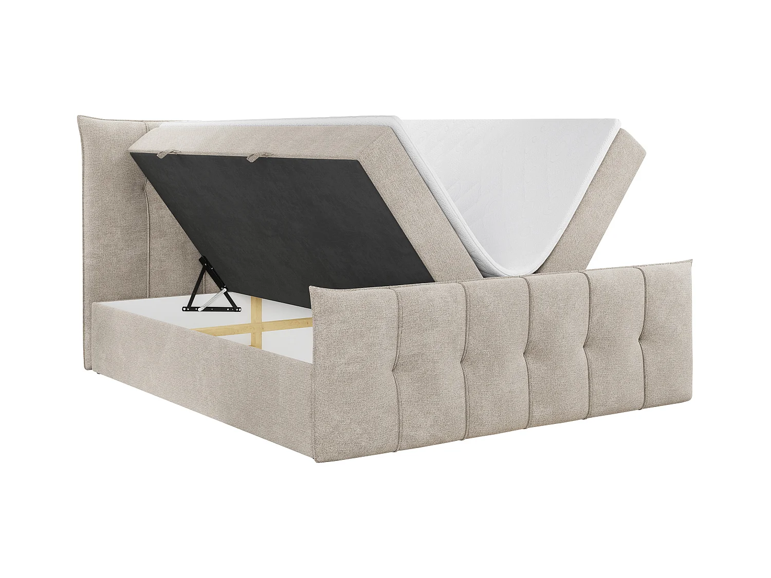 Boxspringbett PREMIUM 11 mit Stauraum, gestepptem Kopfteil, Multipocket-Matratze und Topper - 200x200 cm - H3 - Beige Strukture