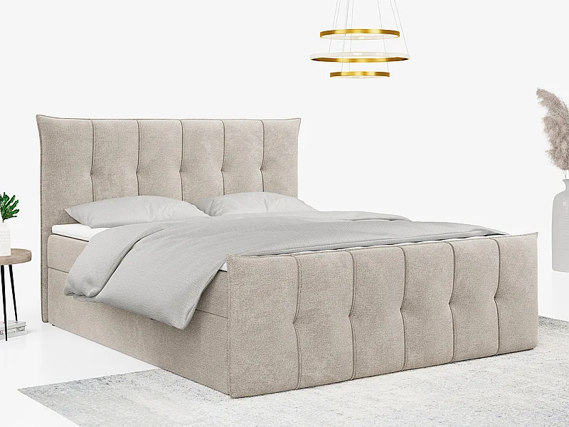 Boxspringbett PREMIUM 11 mit Stauraum, gestepptem Kopfteil, Multipocket-Matratze und Topper - 200x200 cm - H3 - Beige Strukture
