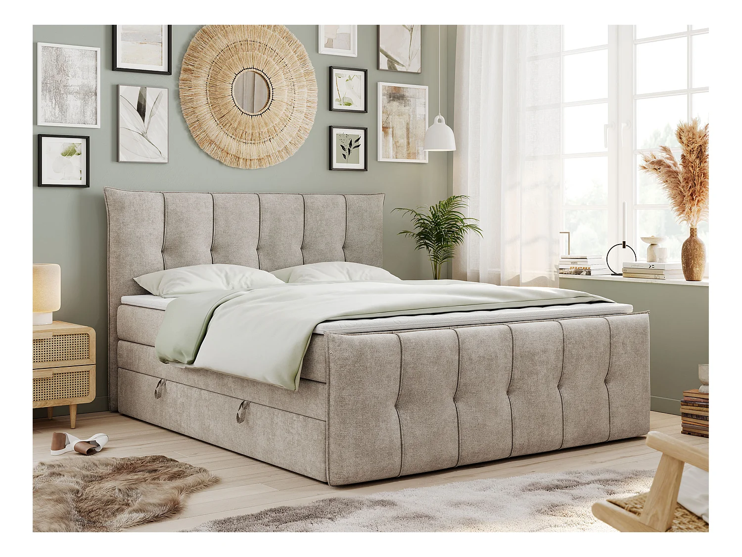 Boxspringbett PREMIUM 11 KING mit Stauraum, gestepptes Kopfteil, zwei Multipocket-Matratzen - 180x200 cm - H4 - Beige Strukture